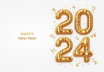 Happy New Year 2024. Golden foil balloon numbers on white background. High detailed 3D realistic gold foil helium balloons. Merry Christmas and Happy New Year 2024 greeting card. Vector illustration.