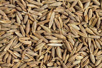 Cumin Jeera spice background. close-up view of zira. Cumin seeds from above. High angle photo of...