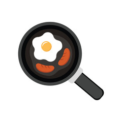 Egg Sausage Breakfast Vector. Cooking Delicious Food on a Frying Pan Isolated on White Background. Eating on a Sunny Morning.