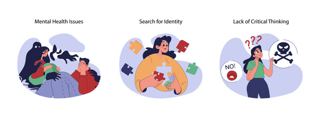 Teenage challenges set. Facing emotional turmoil, quest for self-discovery, and dangers of ignorance. Mental struggles, personal journey, decision-making confusion. Flat vector illustration