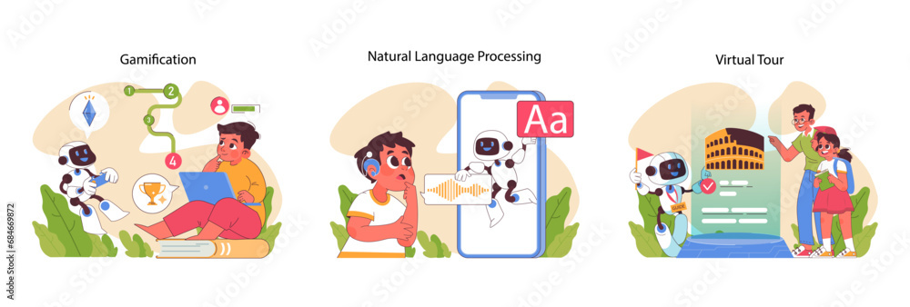 Poster engaging ai in education set. making learning fun through gamification. understanding language with 