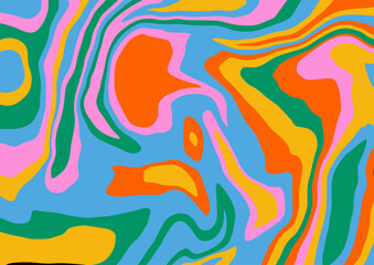 Abstract groovy liquid rainbow background. Cool 80s style colorful vector design. Trendy aesthetic backdrop with fluid organic shapes. Funky texture in retro 70s style. Vivid colors, simple form