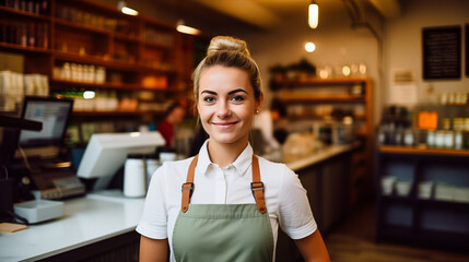 Portrait of smiling waitress standing at counter in coffee shop and looking at camera
