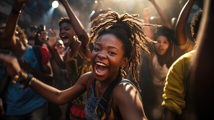 Portrait of cheerful young woman enjoying at music festival. A young african american woman is dancing at a concert having a good time at an open air venue in the night. - obrazy, fototapety, plakaty
