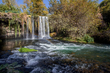 Obraz premium Upper Duden Waterfall is called as Alexander Falls as well and 10 km far from the city center. The paradise like hinterland of the waterfall is all in green in Antalya