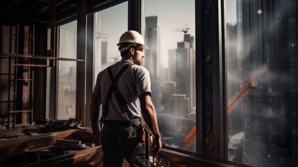 Renovation building or apartment. Back view of construction worker in safety hard hat looks at window after installing it in new apartment in new building. Construction site, industrial job.