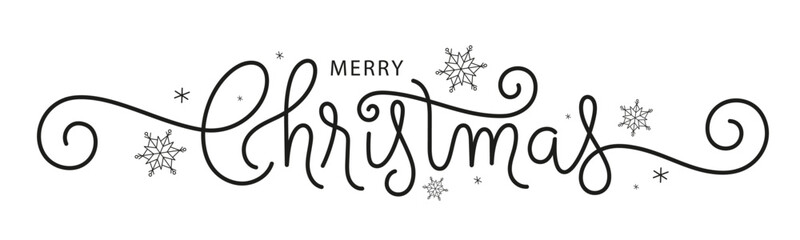 MERRY CHRISTMAS black vector monoline calligraphy with snowflakes