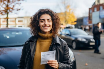 Excited Young Woman Holding Her New Driver’s License in the City - obrazy, fototapety, plakaty