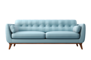 Pastel blue leather and modern 2 seater sofa isolated on a cut out PNG transparent background