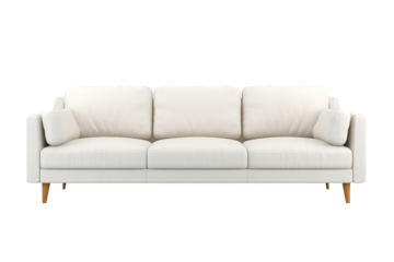 White leather and modern 3 seater sofa isolated on a cut out PNG transparent background