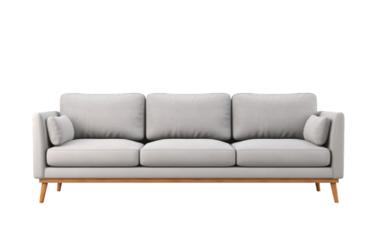 Grey leather and modern 3 seater sofa isolated on a cut out PNG transparent background