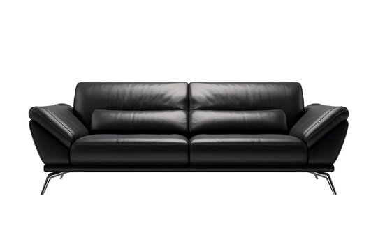Black modern 2 seater sofa black leather on a cutout PNG transparent background