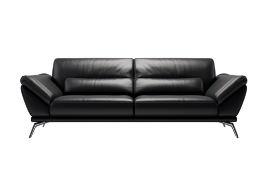 Black modern 2 seater sofa black leather on a cutout PNG transparent background