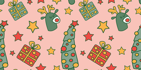 Merry Christmas. Funny holiday seamless pattern. Christmas items in a cute style