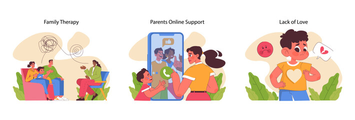 Fototapeta premium Childhood neurosis set. Children feeling anxious, depressed, lonely, unloved. Going to family therapy, seeking help from online support groups, helping child cope with stress. Flat vector illustration