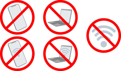 Set of prohibition icons for mobile phone, laptop and wi-fi. Vector illustration.