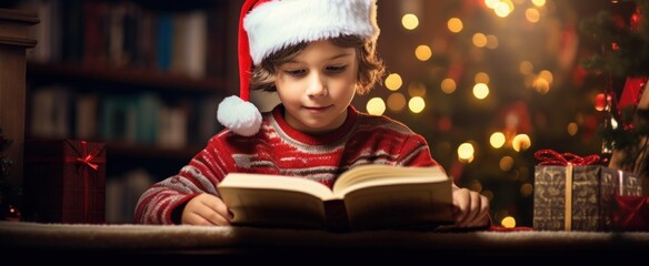 Christmas reading, Festive Reads. Kid Boy read book near Christmas tree at cozy home lights at night. Christmas Books For All The Family. Best Holiday and Christmas Books for kids. - obrazy, fototapety, plakaty