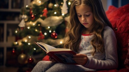 Fototapeta na wymiar Christmas reading, Festive Reads. Girl read book near Christmas tree at cozy home lights at night. Christmas Books For All The Family. Best Holiday and Christmas Books for kids.