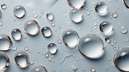 Close up of transparent water drops or oil bubbles on light background