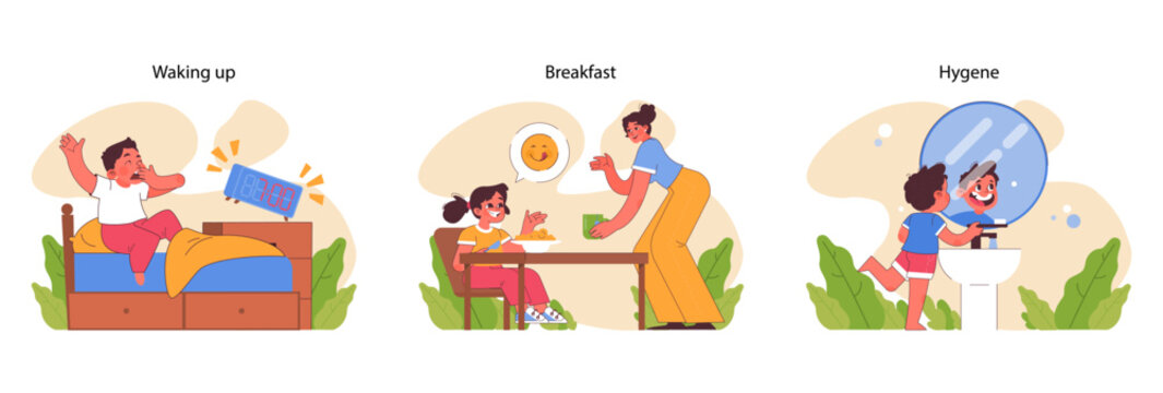 Child's daily routine set. Kids experiencing daily routine moments. Waking up, breakfast, hygiene. Morning actions, interaction with family members. Learning self-discipline. Flat vector illustration