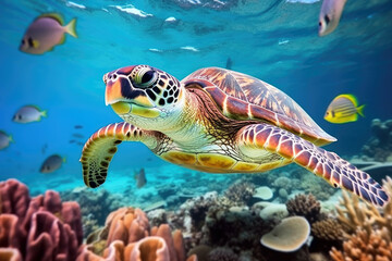 Obraz na płótnie Canvas Turtle life Underwater with colorful coral reef, sea life fishes and plant at seabed background, Colorful Coral reef landscape in the deep of ocean, Marine life concept.
