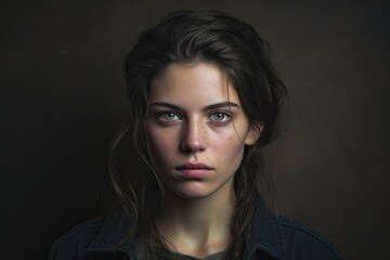 Fototapeta premium Portrait of a young woman with a serious expression, reflecting emotions of unhappiness or stress.