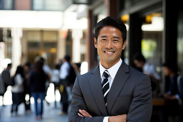 Happy positive young Chinese businessman in suits with crossed arms and smile.
