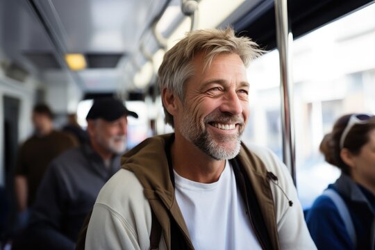 A joyful senior man enjoying a travel adventure in city train.