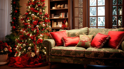 Merry Christmas and New Year postcard. Comfortable sofa with cushions, bookcase, large Christmas tree in cozy holiday living room interior.