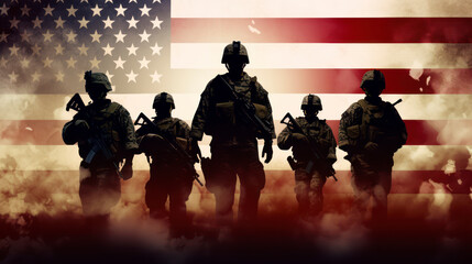 Silhouettes of US soldiers on background of American flag. It is made in style of graphic design. For promotional materials, patriotic campaigns in support of military, veterans or national holidays.