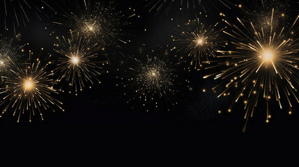 Black festive background banner with sparklers. Long- sparkles and bokeh lights on night sky texture, with space for text. Concept of Christmas and New Year holidays. Copy space.
