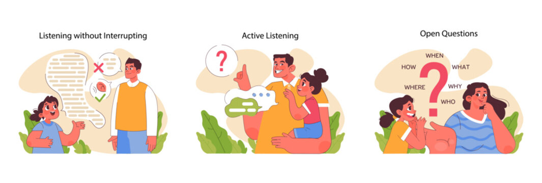 Effective communication set. Joyful parents and children showcase key communicative skills. Listening without interrupting, active listening, deep conversations. Flat vector illustration