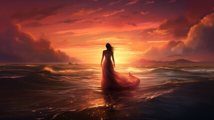 A woman in a long dress standing in the ocean