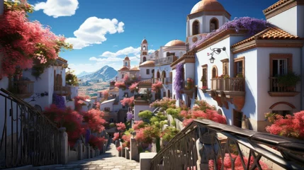 Wall murals Chocolate brown A view of a narrow street with flowers and buildings
