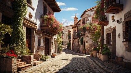 A narrow cobblestone street with potted plants