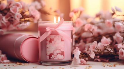 A pink candle sitting next to a bouquet of flowers