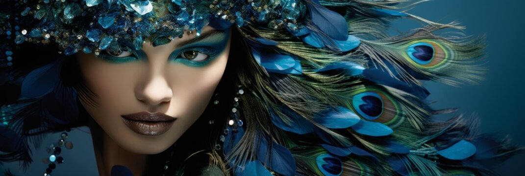 Young girls in beautiful fashionable clothes in peacock plumage colors, exotic bird and high fashion, fashion magazine cover, banner