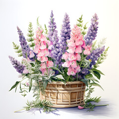 Snapdragons and Lavender, Flowers, Watercolor illustrations