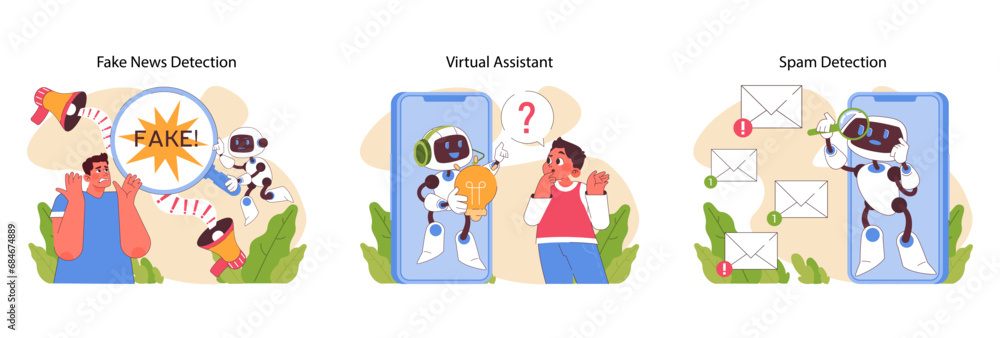 Poster natural language processing set. ai tools combating misinformation, aiding communication, and filter