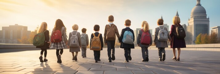 Schoolchildren with briefcases and shoulder backpacks go to school, banner