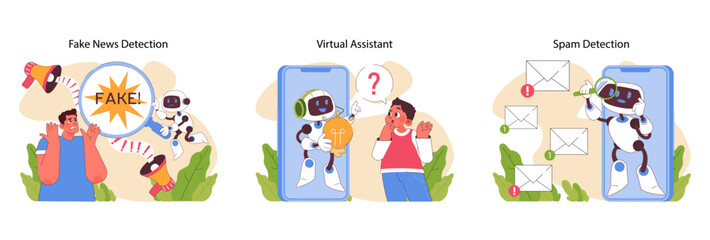 Fototapeta premium Natural language processing set. AI tools combating misinformation, aiding communication, and filtering content. Interactive and instructive digital support. Flat vector illustration