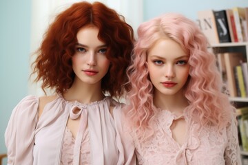 Young girls in beautiful fashionable clothes in pastel colors, fashion magazine cover, high fashion
