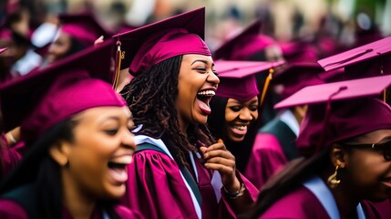 Joyful African-American student in mortarboard and gown celebrates graduation in audience. Positive young woman happy to get degree in prestigious university. Important achievement in youth life - obrazy, fototapety, plakaty