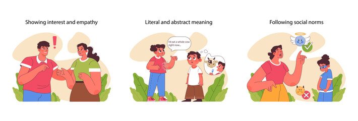 Empathy and norms set. Illustrating compassion, navigating literal thinking, and societal expectations. Fostering understanding in neurotypical contexts. Flat vector illustration