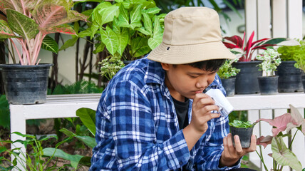 Young boy is using a small magnifying glass to inspect and to study plant in botanical garden, soft and selective focus                            