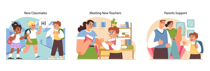 New at school set. Cheerful interactions and warm welcomes among diverse school peers. Family encouragement for academic confidence. Teachers creating friendly environment for newcomers. Flat vector