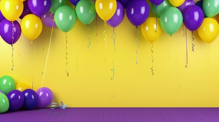 Banner with air balloons for Mardi gras party color concept. violet, gree, yellow - obrazy, fototapety, plakaty