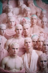 A group portrait of blond men and women with white faces, wearing pink and white Greek-style clothes and looking into the camera.