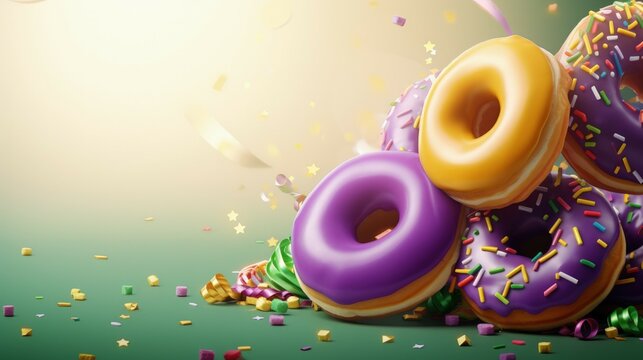 A banner for advertising the festive candy fair of the festival on the holiday of Mardi Gras or another carnival. Desserts, donuts, cupcakes in traditional Mardi Gras colors purple, green, yellow