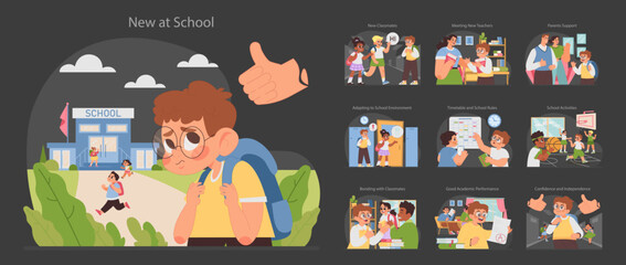 New at school dark or night mode set. Students first day experience and interactions at unknown place. Making friends, learning routines, getting accustomed to local rules. Flat vector illustration - obrazy, fototapety, plakaty